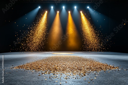 A glittering confetti shower marking the grand finale of an award ceremony, with the stage glowing under vibrant lights