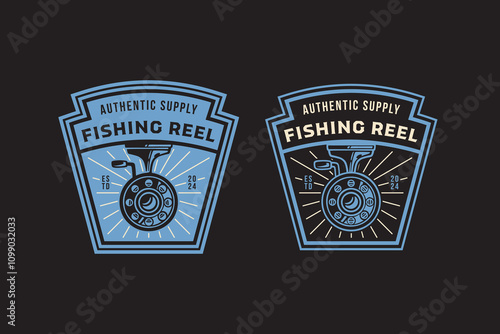 fishing reel, spinning, angling tool retro badge logo design set. reel rolling of fishing equipment vintage emblem logo collection for fisherman, fishing gear, sport and competition