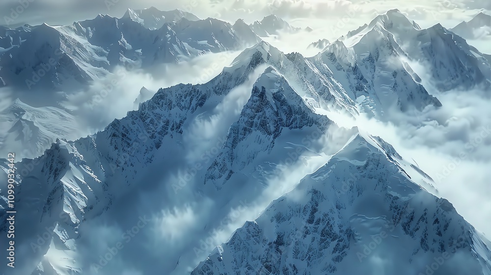 Obraz premium Aerial view of snow-capped mountains with clouds.