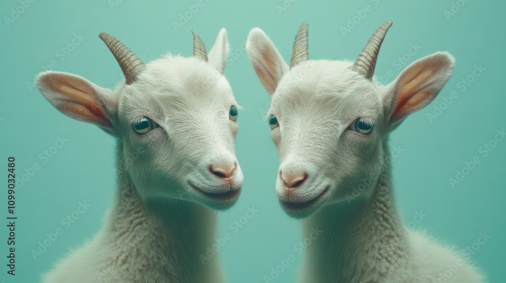 Fototapeta premium Two white goat kids facing forward.