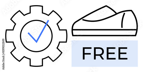 Check mark inside gear alongside a shoe and FREE text. Ideal for promotions, discounts, product subscriptions, marketing, advertising, e-commerce solutions, and user acquisition campaigns. Line