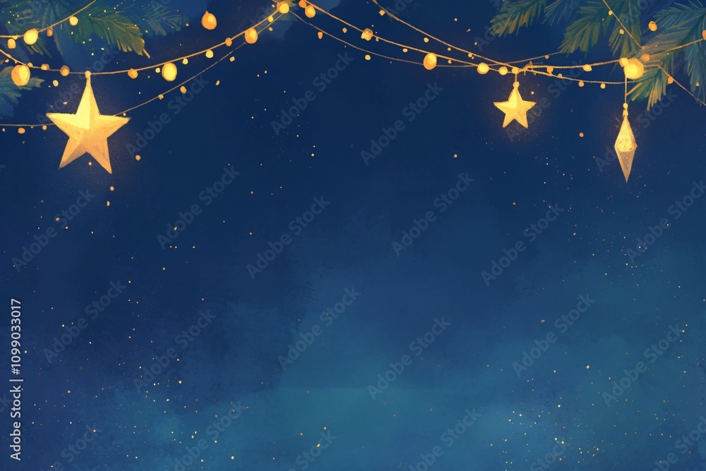 Fototapeta premium Garland with golden stars hanging on dark blue background. Festive decoration for Christmas, New Year, winter holidays celebration. Template for design with copy space