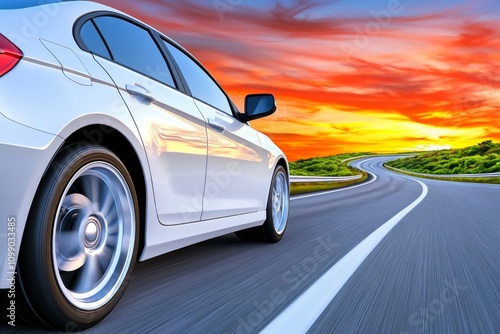 A hyper-realistic close-up of a car side mirror reflecting a dramatic sunset over a winding road
