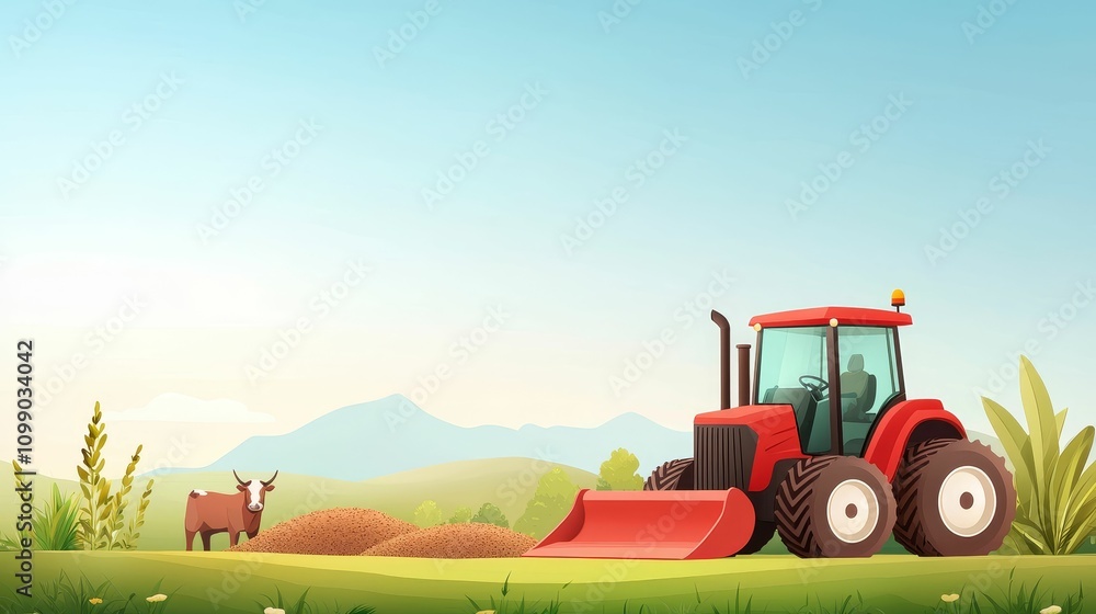 agriculture livestock yield concept, A bright, cartoon-style landscape featuring a red tractor and a cow, set against mountains and a clear sky.
