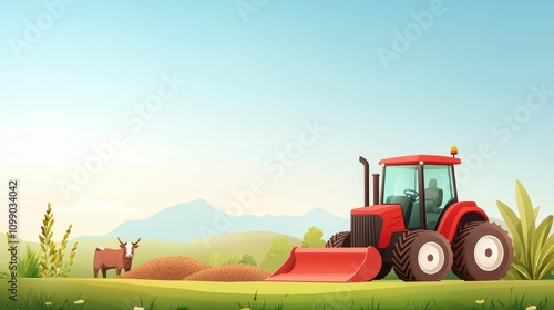 Obraz na płótnie agriculture livestock yield concept, A bright, cartoon-style landscape featuring a red tractor and a cow, set against mountains and a clear sky. w salonie