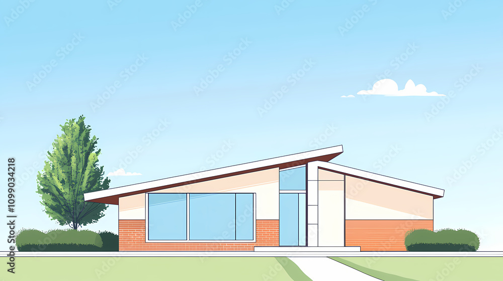 Fototapeta premium A single-story postmodern home beneath a clear sky with copy space. Postmodern. Illustration