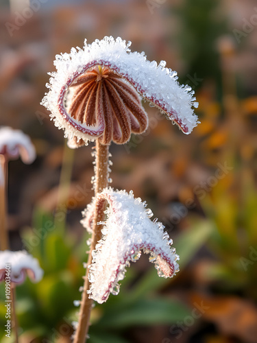 Dry silicles of Lunaria covered with rime in autumn morning against blurred garden. Closeup. Selective focus photo