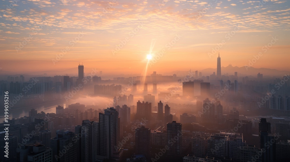 Fototapeta premium Early morning sun illuminating a city skyline, capturing the start of a new day and urban life