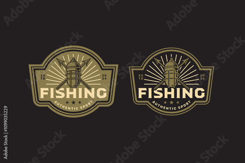 fishing light with spear, fisherman lamp with pike retro badge logo design set. fishing sign with javelin, lance vintage emblem logo collection for fisherman, fishing gear, sport and competition