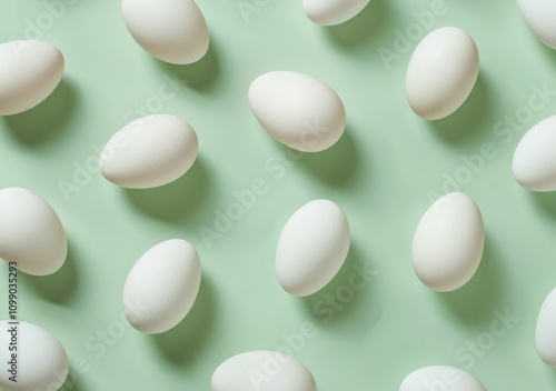 eggs, minimalism, soft color, modern design, food photography, green background, natural elements, simple composition, organic shapes, fresh food, healthy options This image features white eggs arra photo