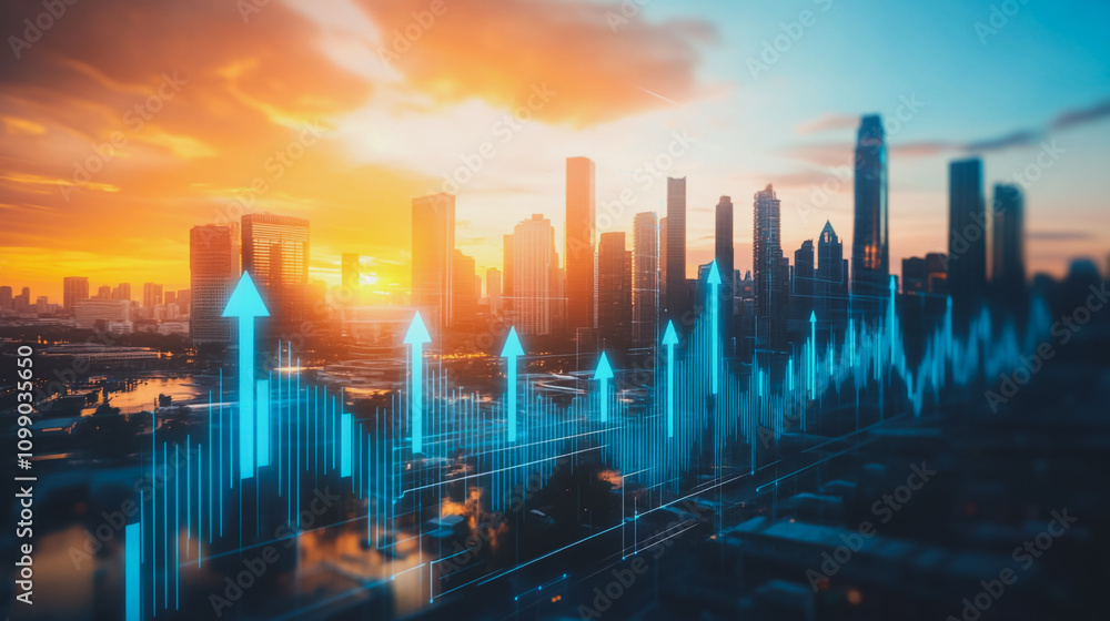 Fototapeta premium Smart digital Innovation city with connection network reciprocity over the sunset cityscape. of future wireless digital city and social media networking systems that connects people with in city