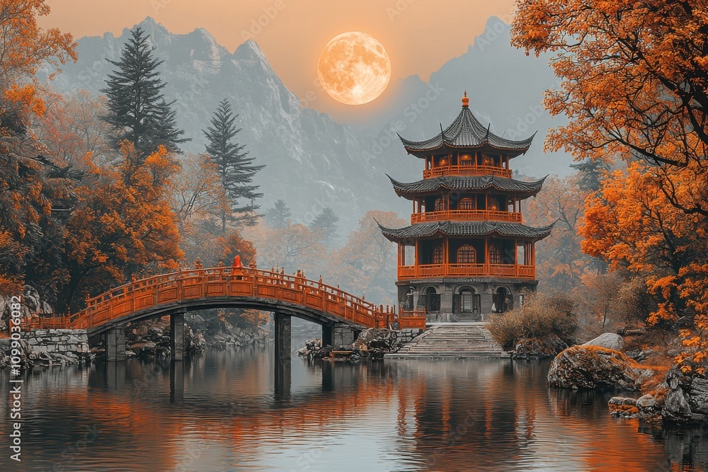 Obraz premium Serene Autumn Pagoda Bridge Lake Mountains Moon