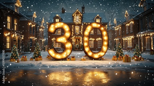 Festive 30th Anniversary Illuminated Number in Snowy Christmas Village photo