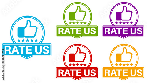 set collections colourful trendy rate us icon. giving rating Sign label sticker design template vector illustration