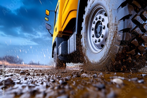 A truck driving off-road, showcasing its durable axle system handling rugged terrain with ease photo