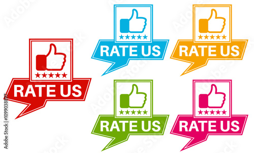 set collections colourful trendy rate us icon. giving rating Sign label sticker design template vector illustration