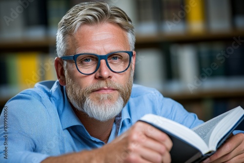 An attorney in a law library, deeply engrossed in researching precedent cases among rows of legal books photo