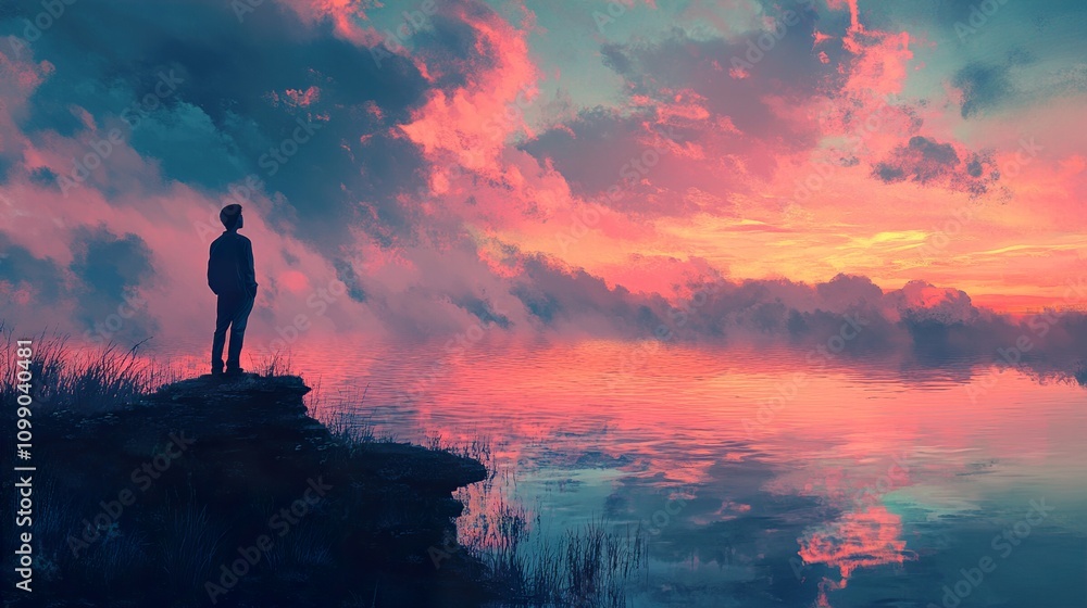 Fototapeta premium Solitude by the Lake: A Serene Sunset Landscape