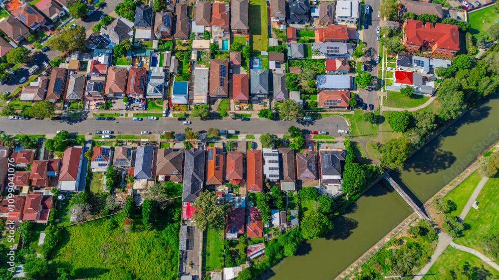 Obraz premium Panorama aerial drone view of western Sydney Suburbs of Canterbury Burwood Ashfield Marrickville Campsie with Houses roads and parks in Sydney New South Wales NSW Australia