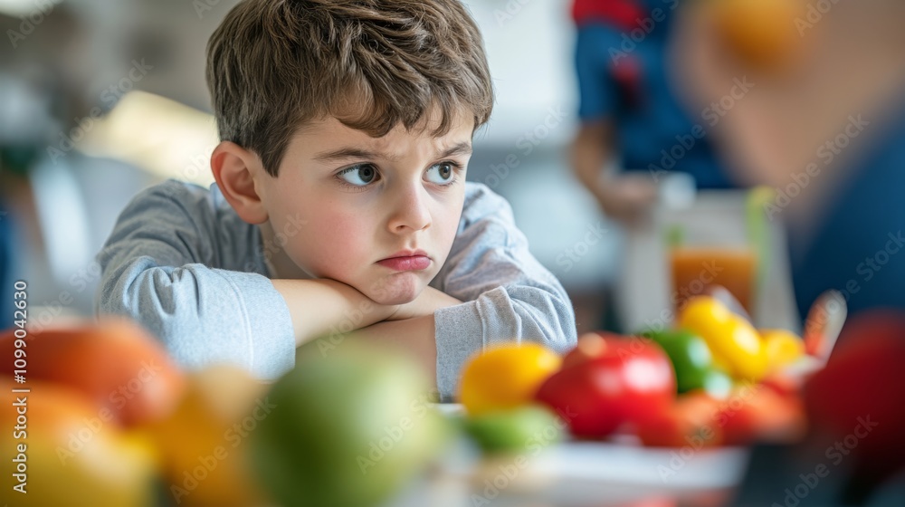 Fototapeta premium A young boy looks thoughtfully at a colorful array of fruits on a table, displaying curiosity and contemplation in a vibrant setting.