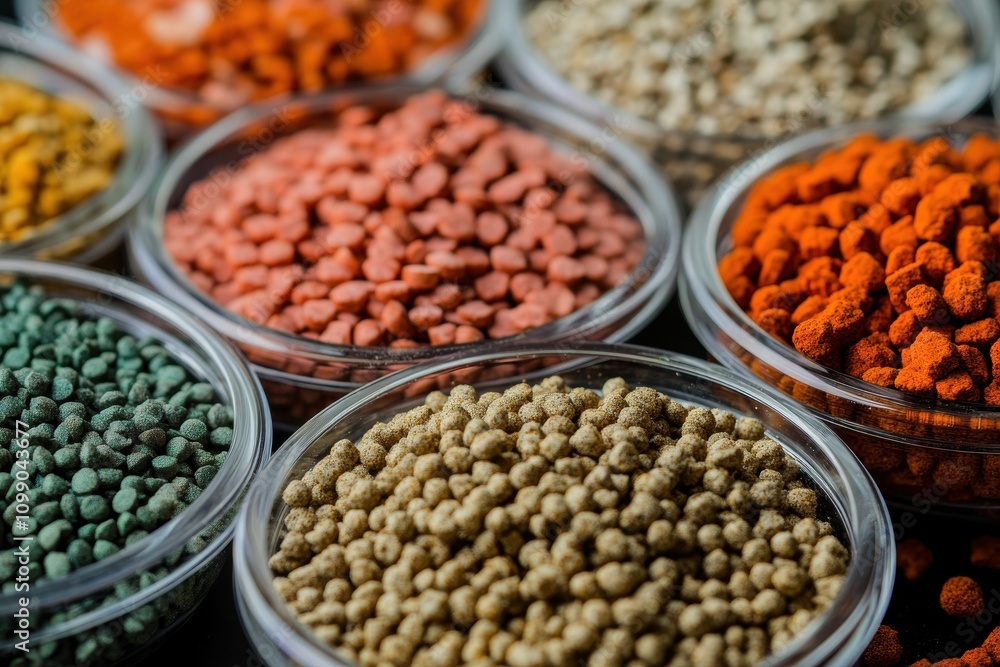 Fototapeta premium A collection of colorful spices and seeds in glass containers, showcasing variety and texture.
