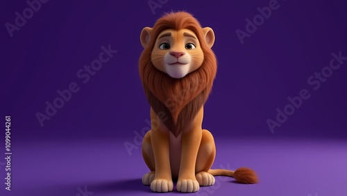 A cute cartoon lion sitting on a purple floor, radiating charm, friendliness, and simplicity in design. photo