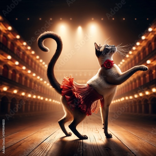 A graceful Siamese cat performing a passionate flamenco dance on a wooden stage. The cat wears a tiny red ruffled skirt around its waist, with a red rose attached to its collar.  photo