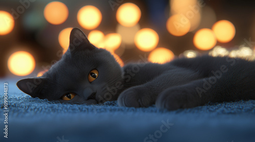 kucing British Shorthair abu-abu yang tergeletak di karpet biru, dikelilingi lampu bokeh oranye di latar belakang. 