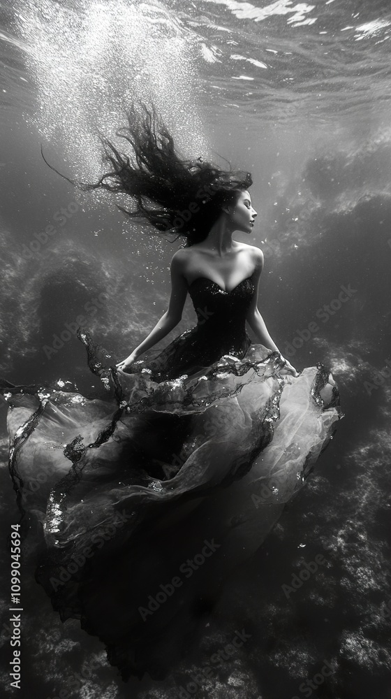 Obraz premium Submerged Elegance: A Black and White Underwater Fashion Photography