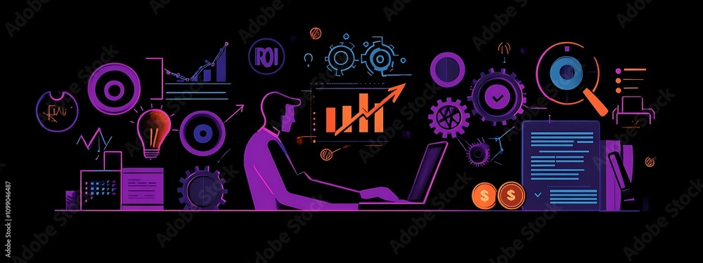 Obraz premium Analyzing ROI and Business Strategy Concepts. Businessman working on a laptop with various digital icons representing ROI, financial strategies, return on investment, and efficiency. marketing plan, 