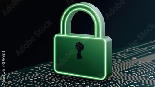 Wallpaper Mural green neon light padlock symbol on circuit board background represents security and technology. This conveys sense of protection and digital safety Torontodigital.ca