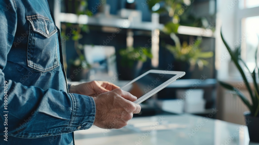 Fototapeta premium Employee working on a tablet in a stylish office, showcasing technology and versatility