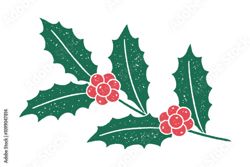 Christmas holly branch with leaves and berries