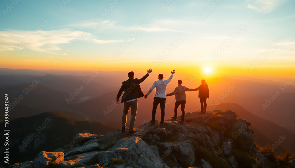 Obraz premium Group of business people on peak mountain, success business concept, see you on top