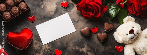 Blank card with chocolate rose and teddy bear plush toy on wooden background for valentine's day. Concept of Cute, Ramance, Love photo