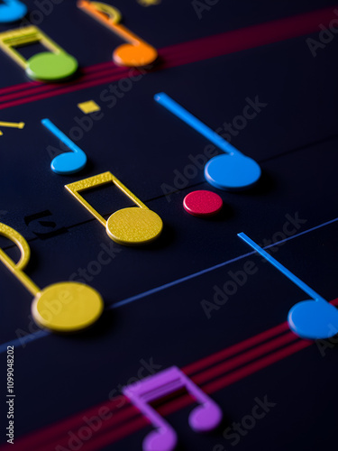 Close-up of colorful musical notes on a dark background, musical, notes, sheet music, melody, composition, song, harmony