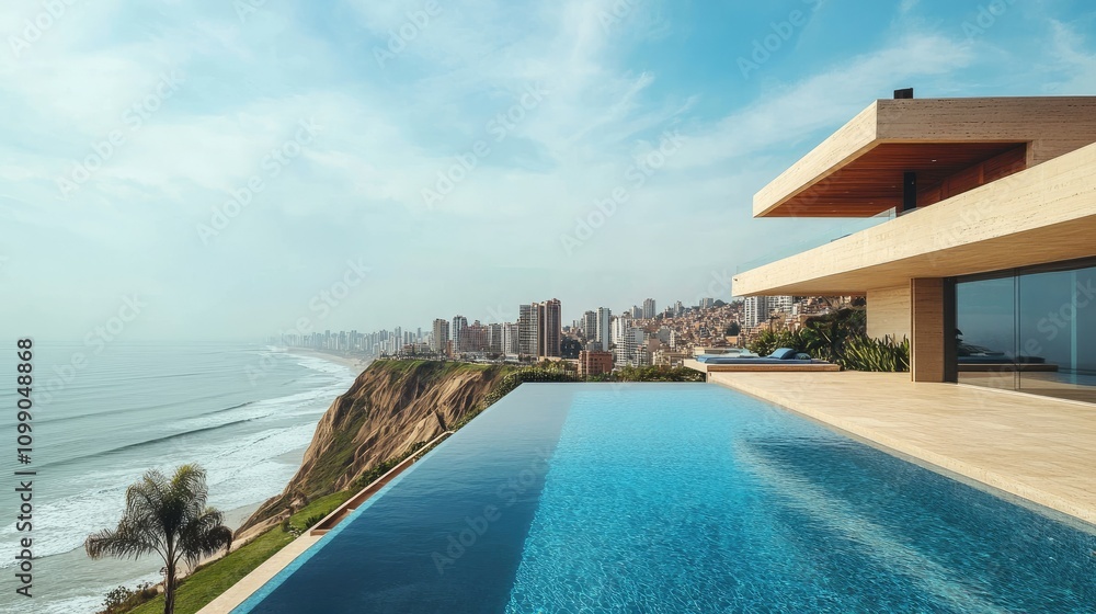 Fototapeta premium Stunning Ocean View from Modern Infinity Pool with Cityscape Background