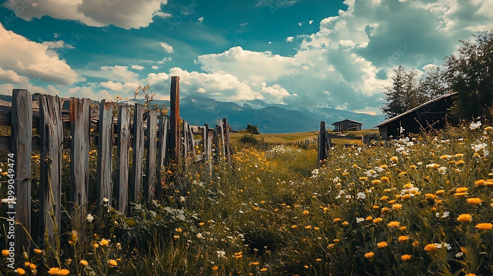 Obraz premium Wildflowers Meadow Wooden Fence Landscape