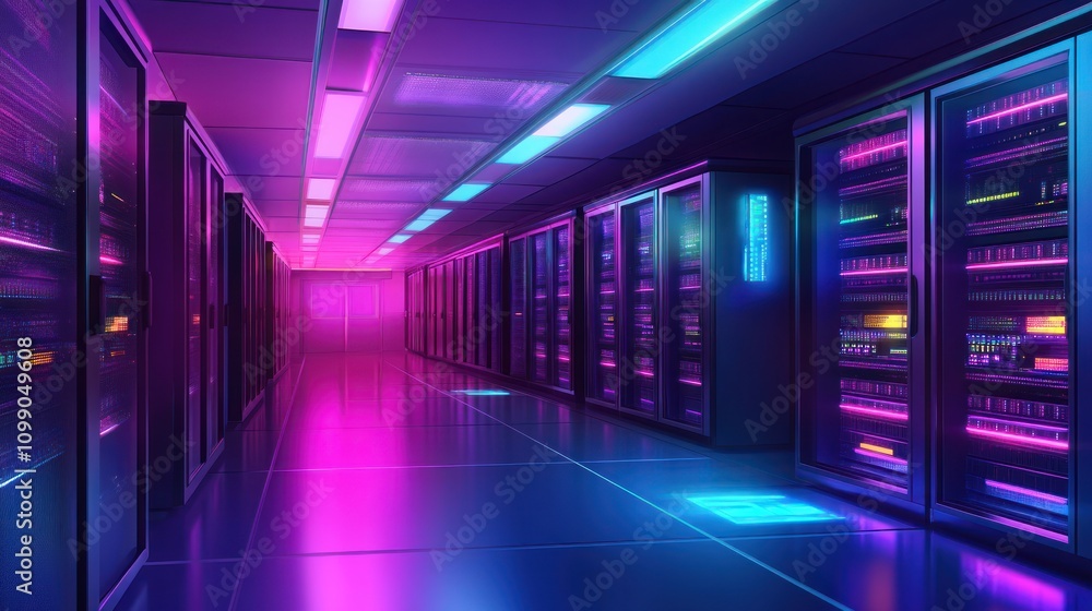 Fototapeta premium Futuristic server room with neon lights.
