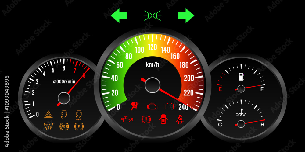Fototapeta premium Car Dashboard with High Speed. Car Panel Display. Car Speedometer Dashboard. Tachometer or Odometer Display. High Speed Concept. Vector Illustration.