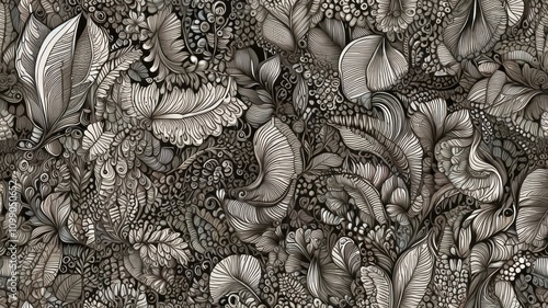 Monochrome floral seamless pattern with intricate leaves and swirls.