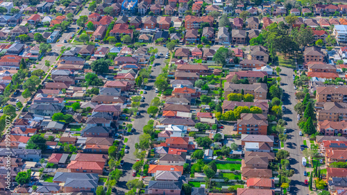 Panorama aerial drone view of western Sydney Suburbs of Canterbury Burwood Ashfield Marrickville Campsie with Houses roads and parks in Sydney New South Wales NSW Australia photo