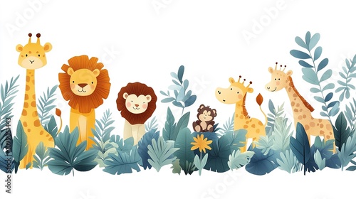 group of jungle animals, including lions, giraffes, and monkeys, placed on a clean white background
