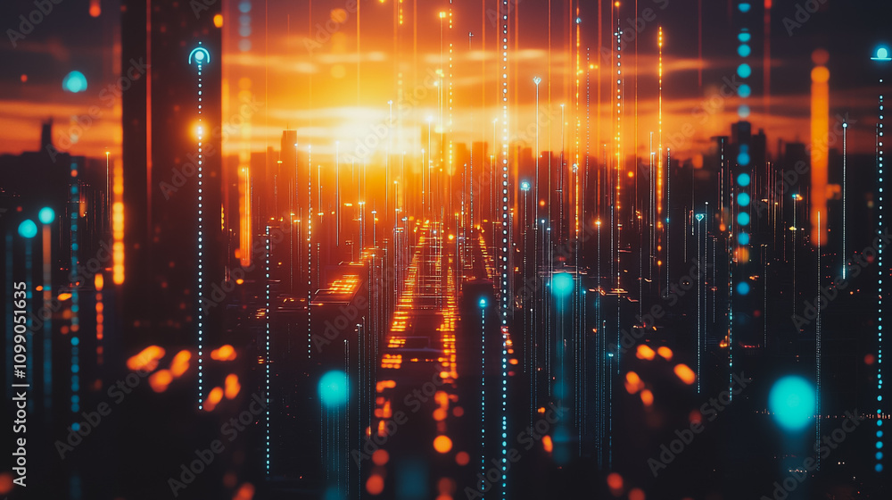 Obraz premium Smart digital Innovation city with connection network reciprocity over the sunset cityscape. of future wireless digital city and social media networking systems that connects people with in city
