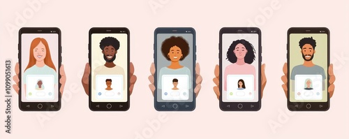 A diverse group of people displayed on smartphones, showcasing various hairstyles and skin tones, emphasizing inclusivity in digital communication. photo