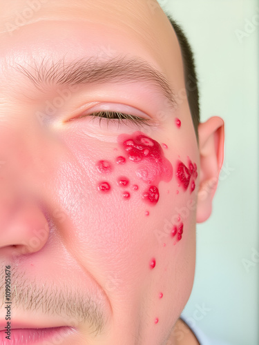 Red crusty lesions of actinic keratosis or sunspots on sun-damaged skin on the cheek under the left eye in the face of a man. This can be treated with cryosurgery or ointments photo