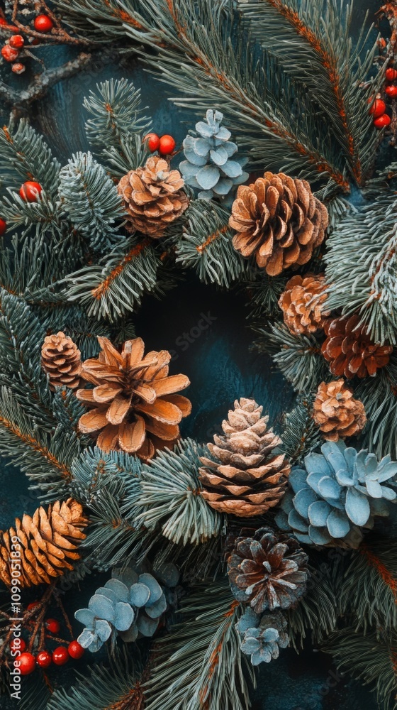 Naklejka premium Festive Christmas Wreath with Natural Elements