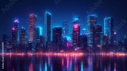 Wallpaper Mural Neon Cityscape Reflecting on Calm Waters at Night Torontodigital.ca