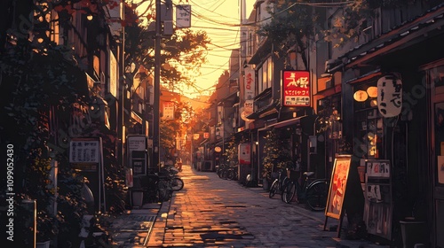 Wallpaper Mural Charming evening street scene in a quaint Asian neighborhood at sunset. Torontodigital.ca