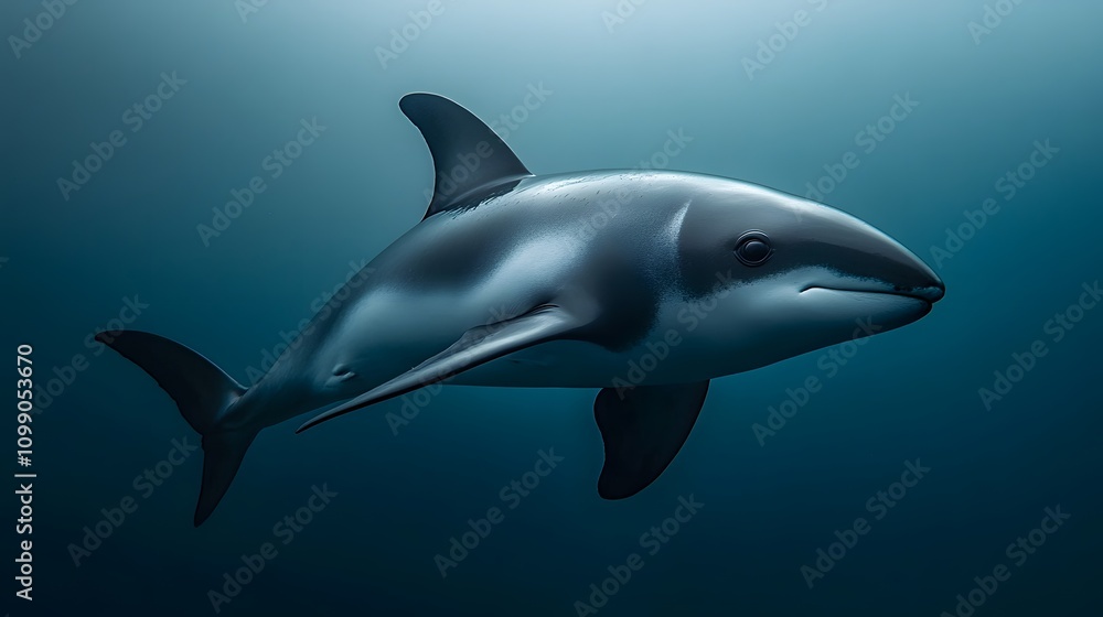 Naklejka premium A sleek, black and white dolphin swims through the blue water.